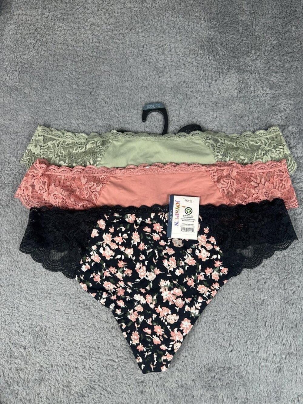 Joyspun Women's Lace Thong Panties 3-Pack Floral Size XXXL 22